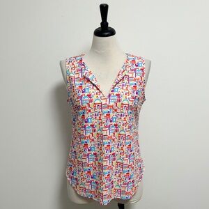 Jude Connally Santorini Village Sleeveless Split V Neck White Orange Buildings